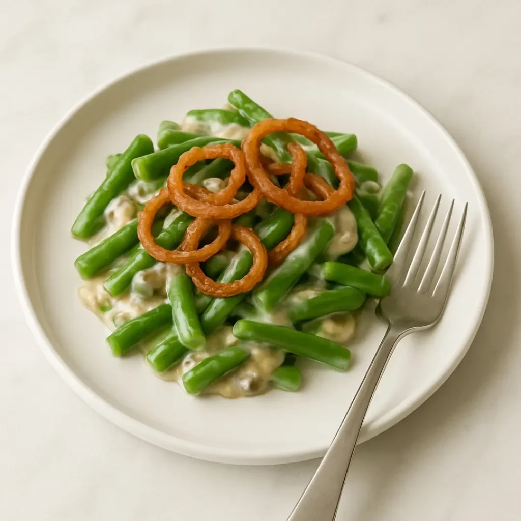Durkee String Bean Casserole: Crispy, Irresistibly Creamy, and Full of Comfort 10 Serving of Durkee string bean casserole with onions