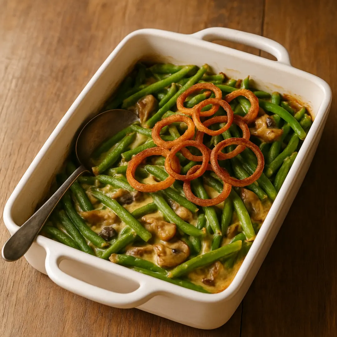 Durkee string bean casserole topped with crispy onions