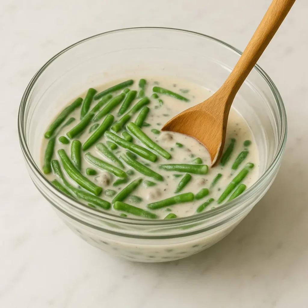 Durkee String Bean Casserole: Crispy, Irresistibly Creamy, and Full of Comfort 9 Mixing Durkee casserole ingredients in a bowl