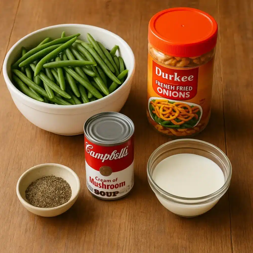 Durkee String Bean Casserole: Crispy, Irresistibly Creamy, and Full of Comfort 7 Ingredients for Durkee string bean casserole on kitchen counter