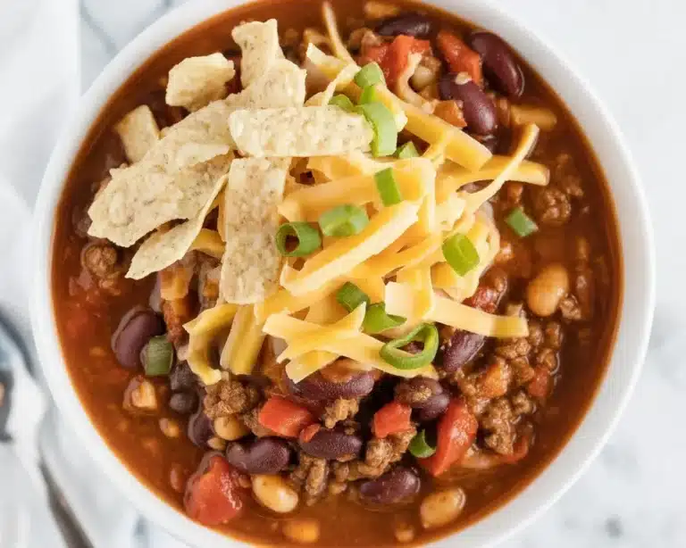 Bowl of 3-ingredient chili topped with fresh herbs, ready in 30 minutes.