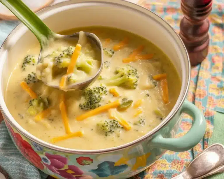 Creamy broccoli cheese soup garnished with fresh broccoli and cheese, served in a bowl