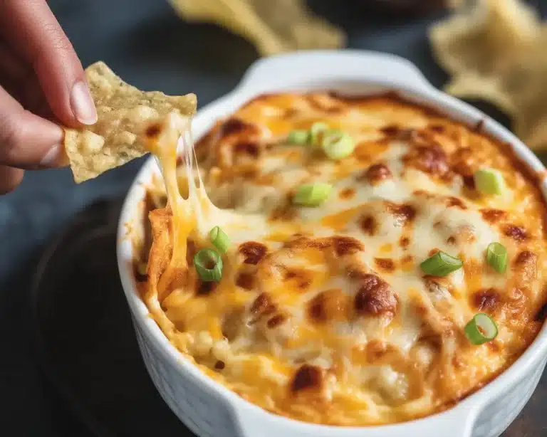 Delicious and creamy Buffalo chicken dip served in a dish with tortilla chips.