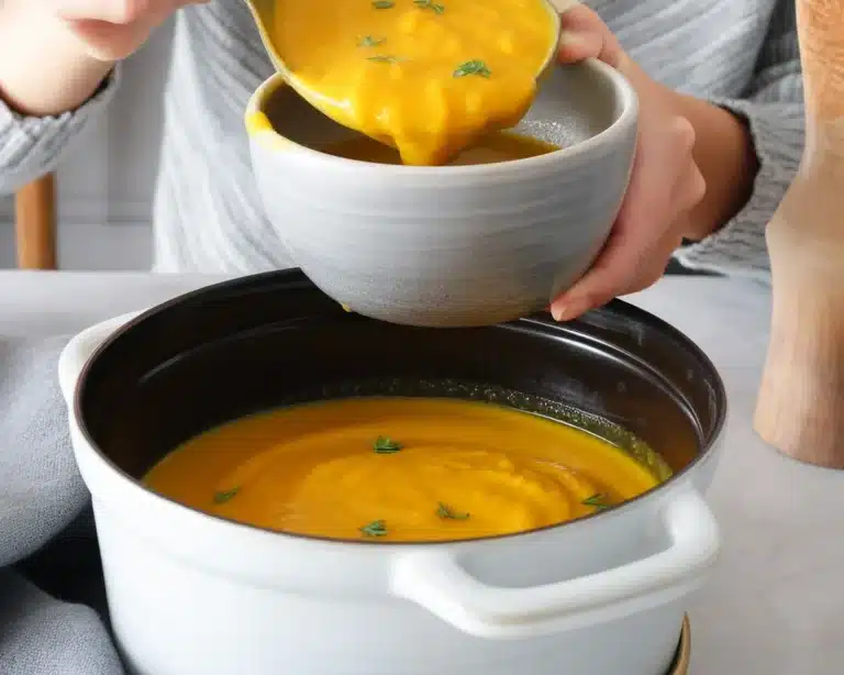 Bowl of creamy butternut squash soup garnished with herbs, perfect for autumn comfort food.