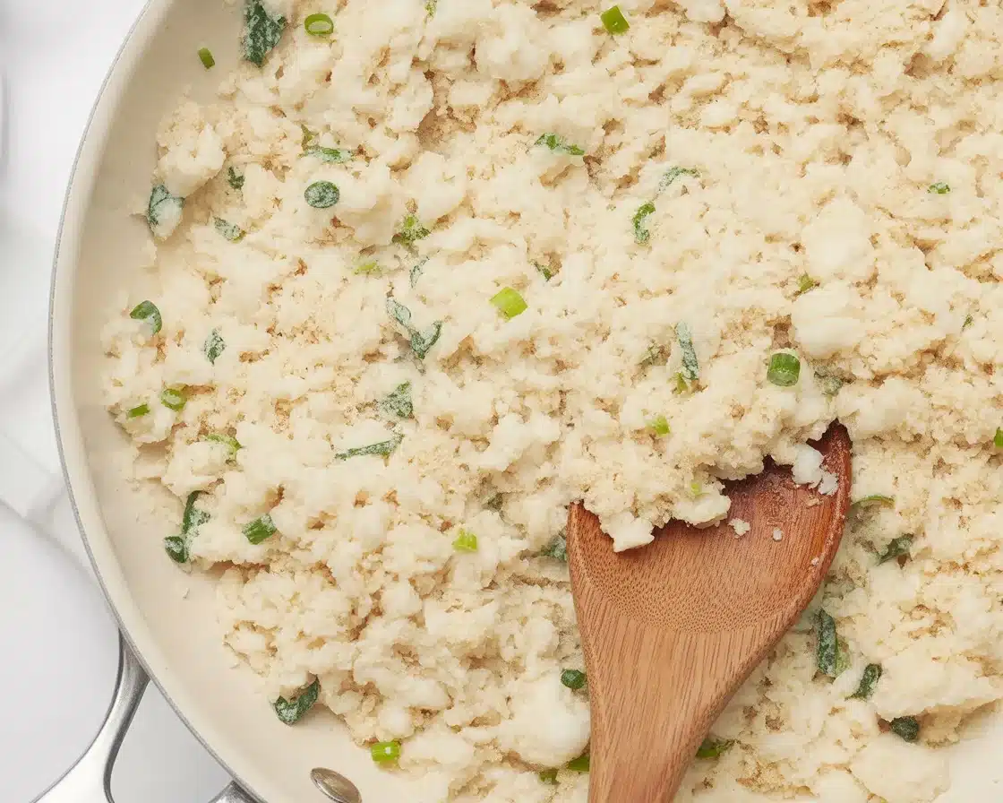 Delicious light cauliflower rice served in a bowl, perfect low-carb side dish.