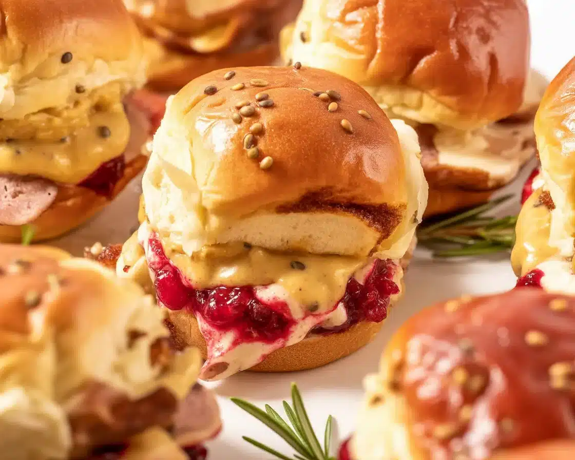 Delicious chicken cranberry sliders with meatballs, cheese, and cranberry sauce on sweet rolls.