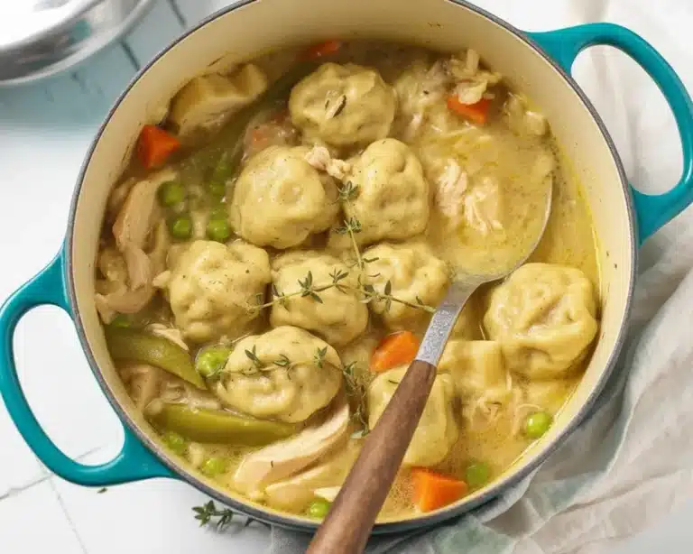 A bowl of homemade chicken and dumplings with creamy broth and fluffy dumplings.