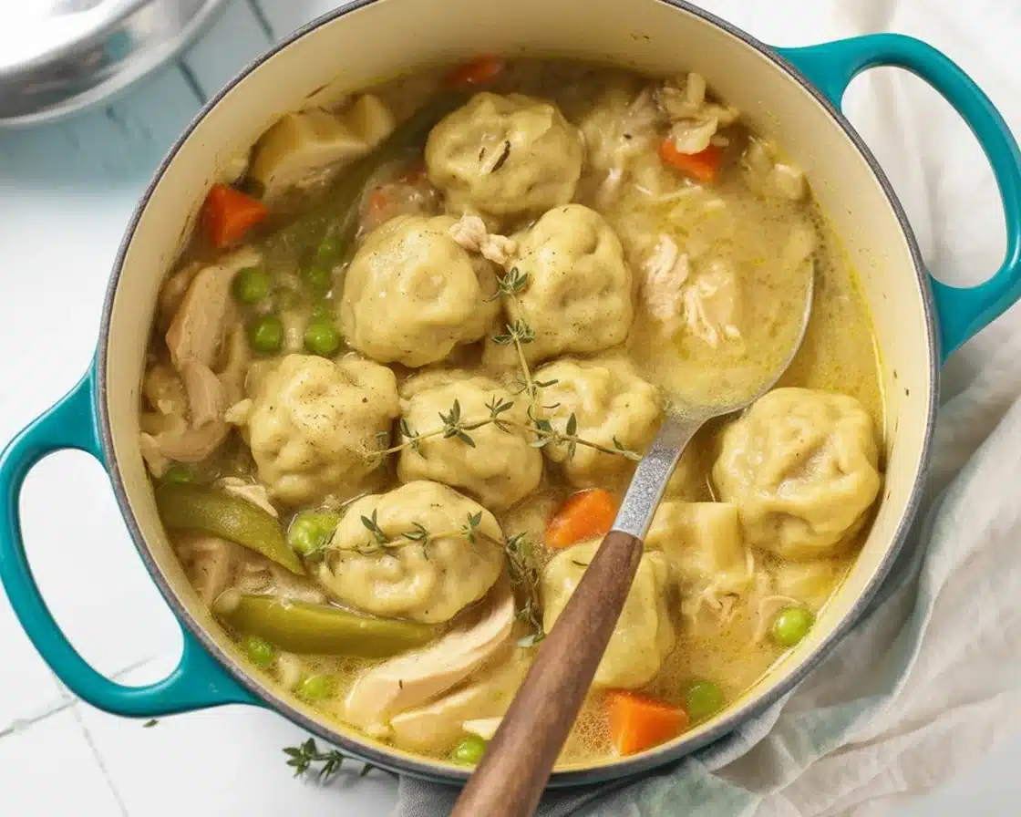 A bowl of homemade chicken and dumplings with creamy broth and fluffy dumplings.