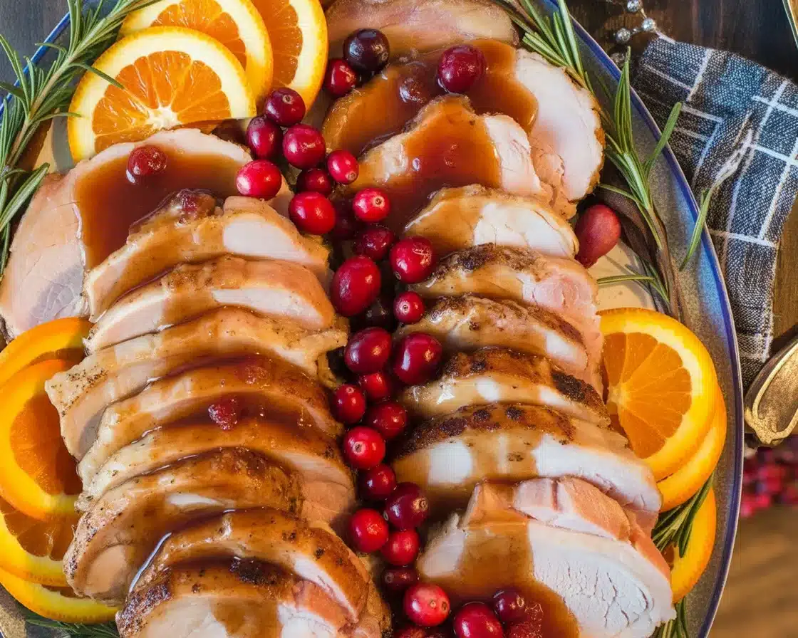 Cranberry orange pork roast with a delicious glaze, perfect for holiday meals.