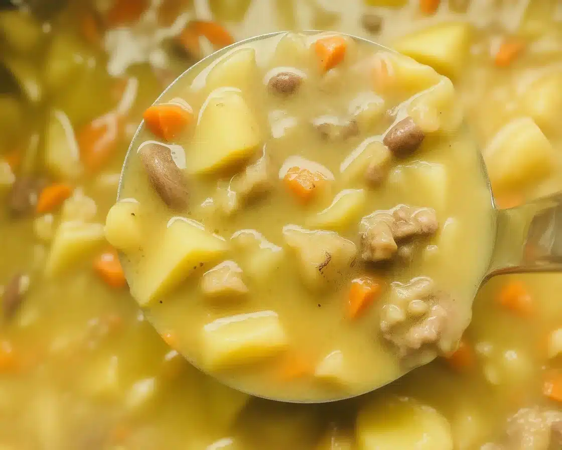 Bowl of creamy cheeseburger soup loaded with ground beef, cheese, and vegetables.