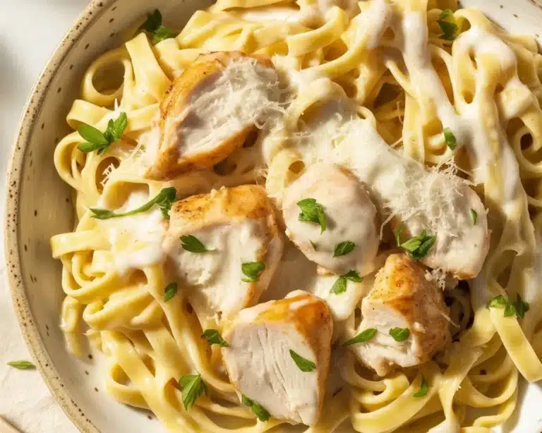 Creamy Alfredo chicken pasta with juicy chicken breast and fettuccine noodles