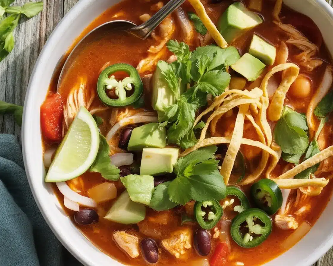 Bowl of creamy Chicken Tortilla Soup topped with avocado, cheese, and crunchy tortilla strips.