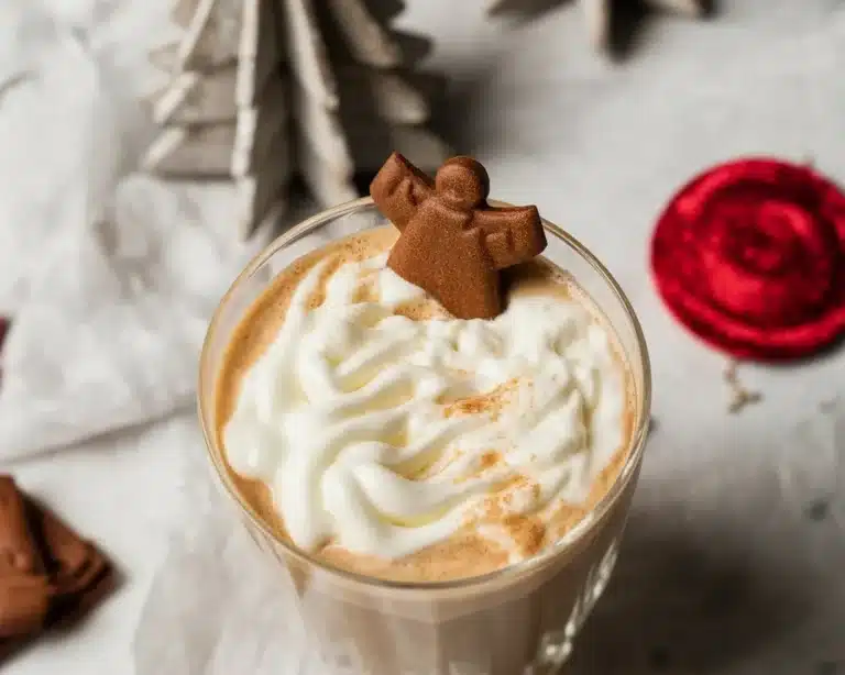 Cozy Gingerbread Latte with espresso, frothed milk, and whipped cream topping.