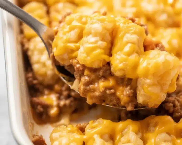 Delicious Sloppy Joe casserole topped with cheese and served in a warm dish.