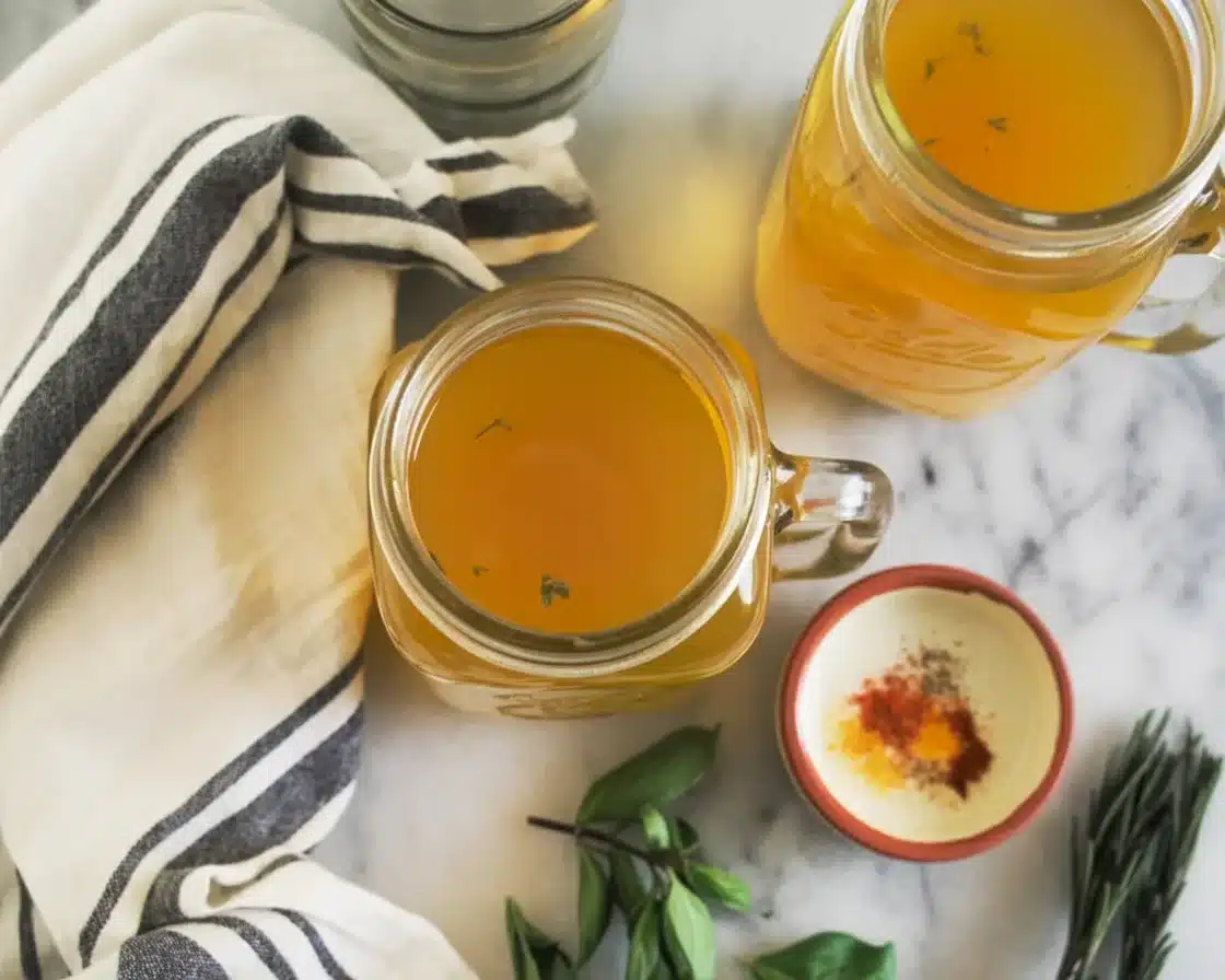 Detox veggie broth made with ginger, turmeric, and a variety of fresh vegetables.