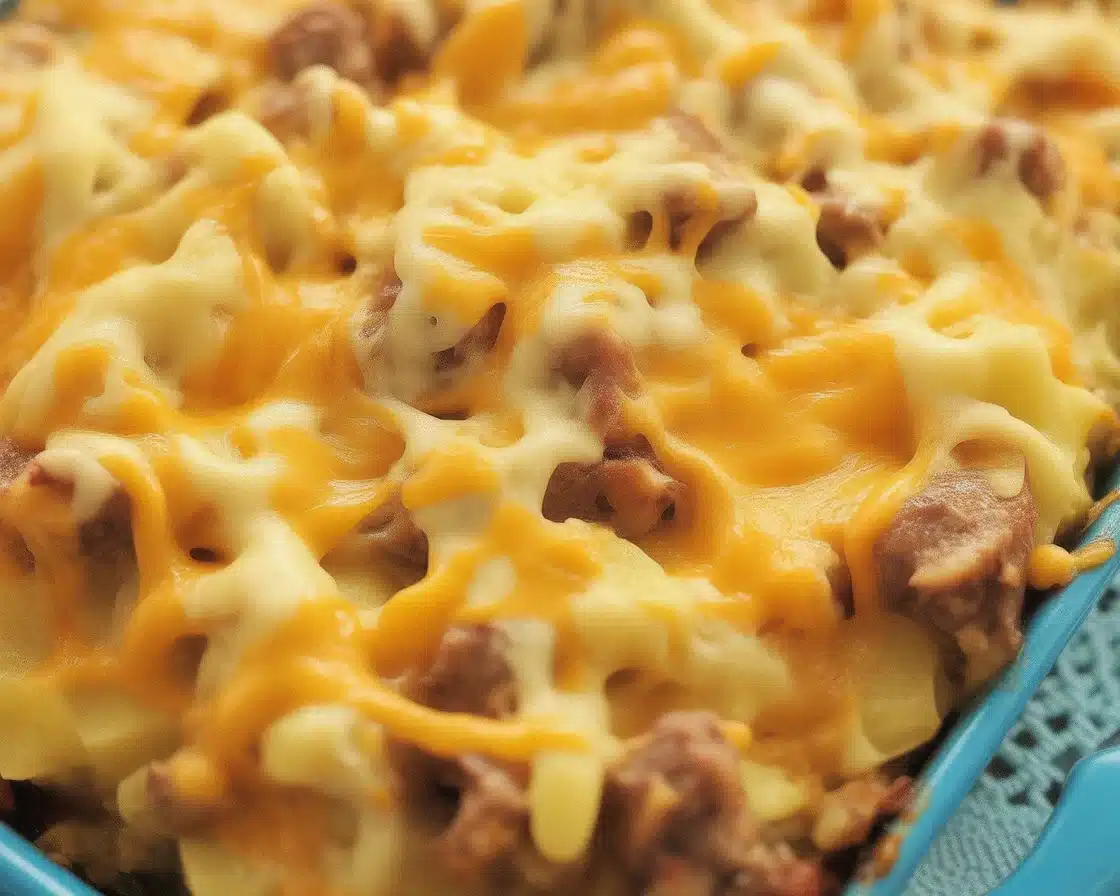 Easy dump & go breakfast bake with eggs, sausage, and hash browns for a quick meal.