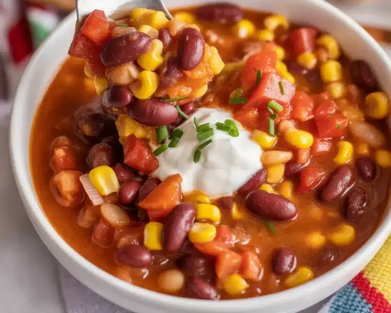 Easy taco soup dump recipe with ground beef, beans, and tomatoes in a pot.