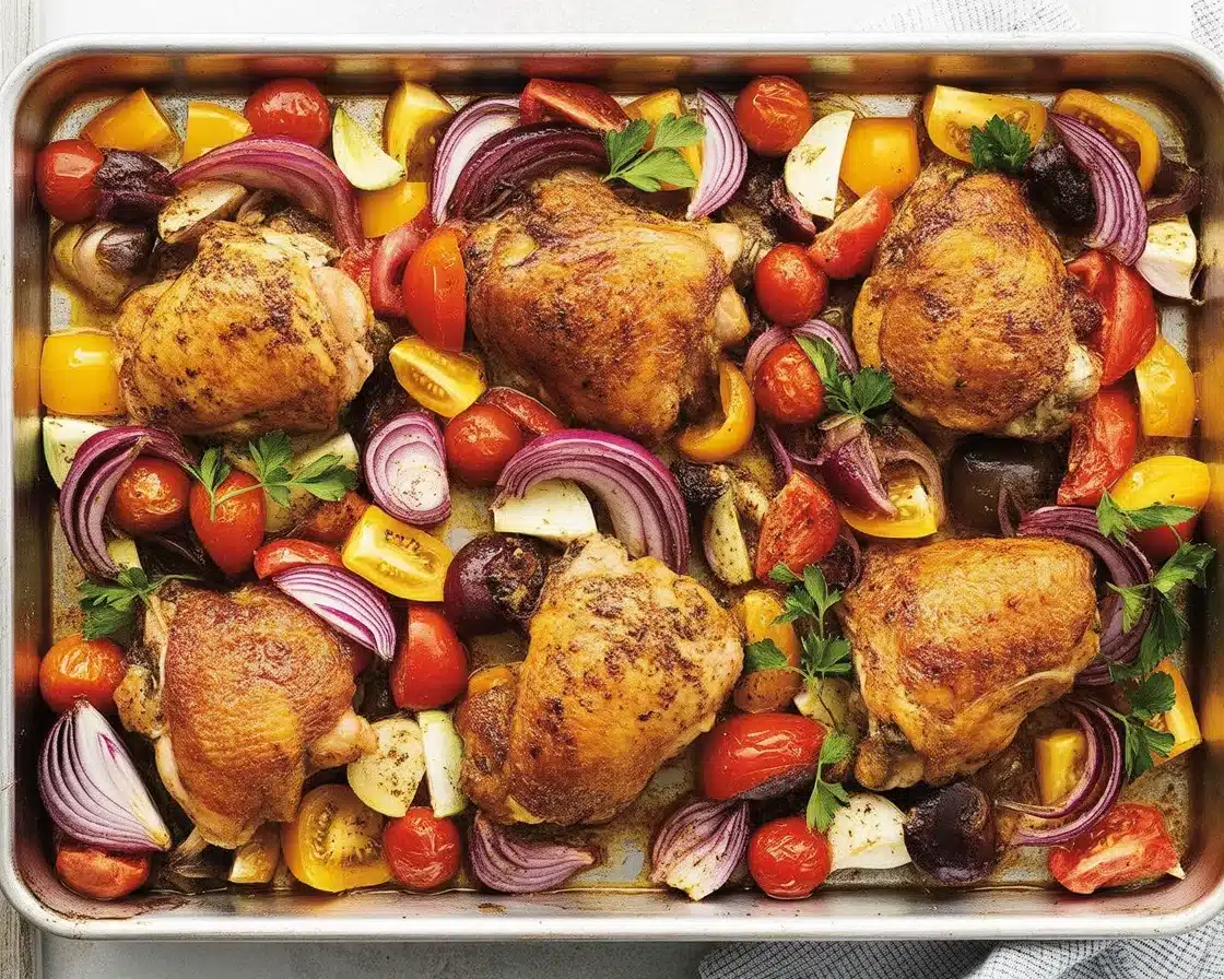 Oven-baked Greek chicken with colorful roasted vegetables on a sheet pan.