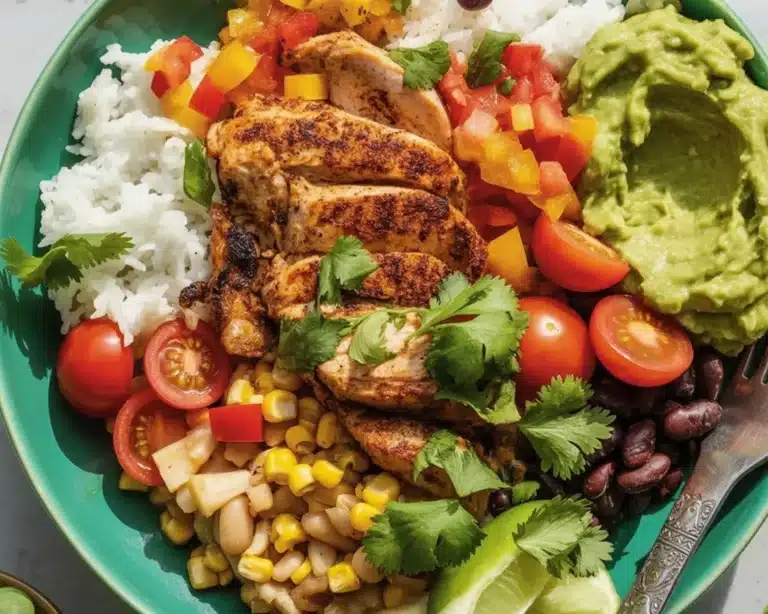 Colorful chicken fajita bowl with seasoned chicken, peppers, rice, and avocado crema.