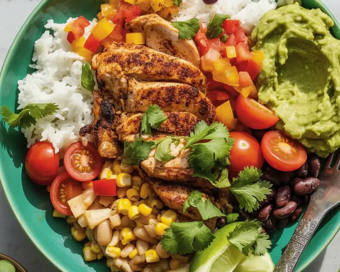 Colorful chicken fajita bowl with seasoned chicken, peppers, rice, and avocado crema.