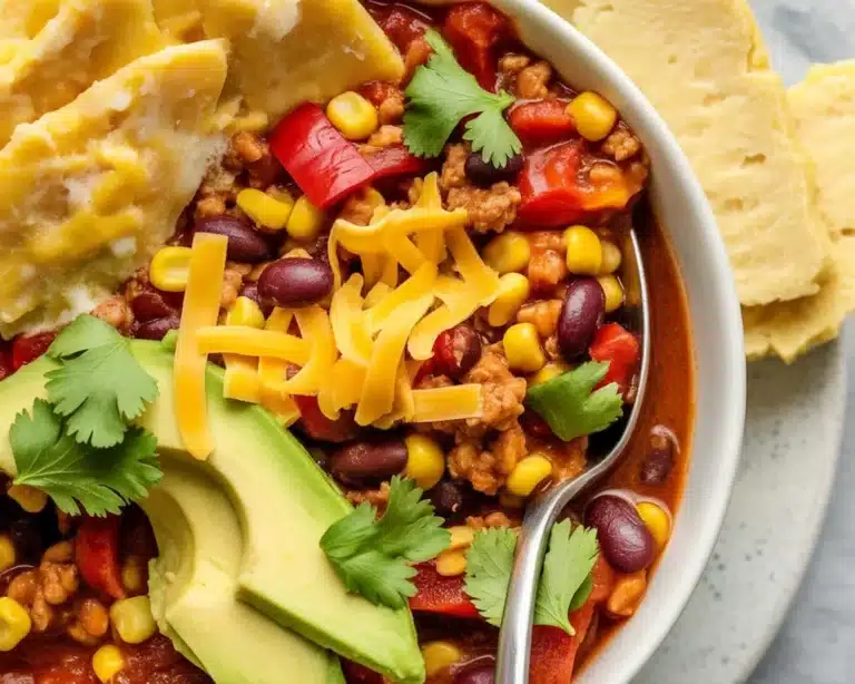 A bowl of hearty turkey chili made with lean ground turkey, beans, and spices.