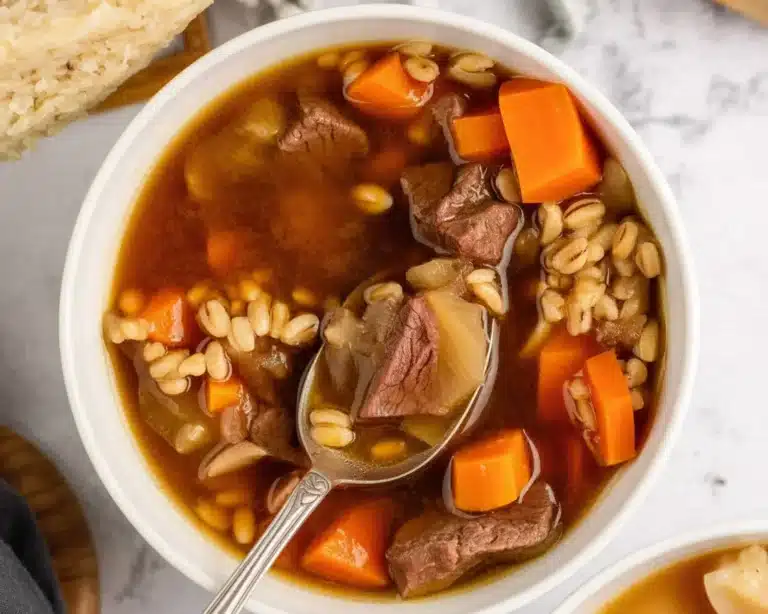 Hearty beef and barley stew with tender beef, plump barley, and fresh vegetables.