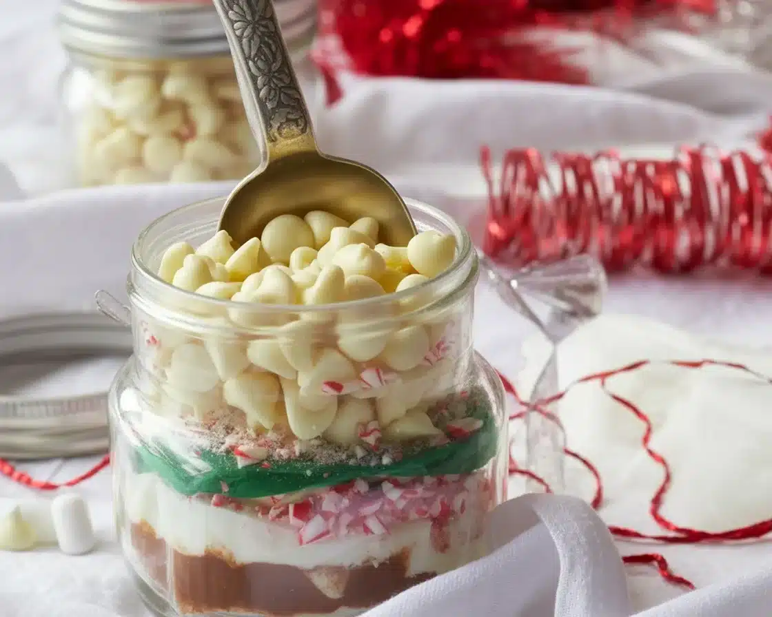 Decadent Candy Cane Hot Cocoa topped with whipped cream and crushed candy canes.