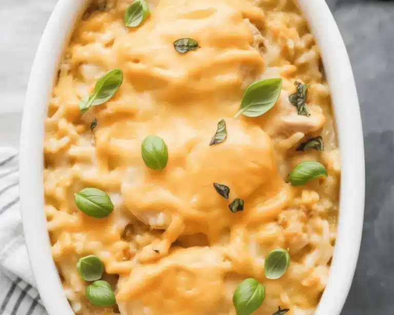 Creamy chicken and rice casserole topped with melted cheese and vegetables.