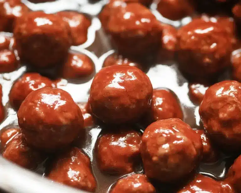 Delicious crock pot meatballs with BBQ sauce and grape jelly served in a bowl.