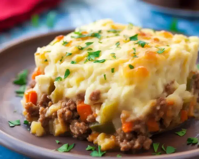 Savory shepherd’s pie casserole with ground beef and creamy mashed potatoes