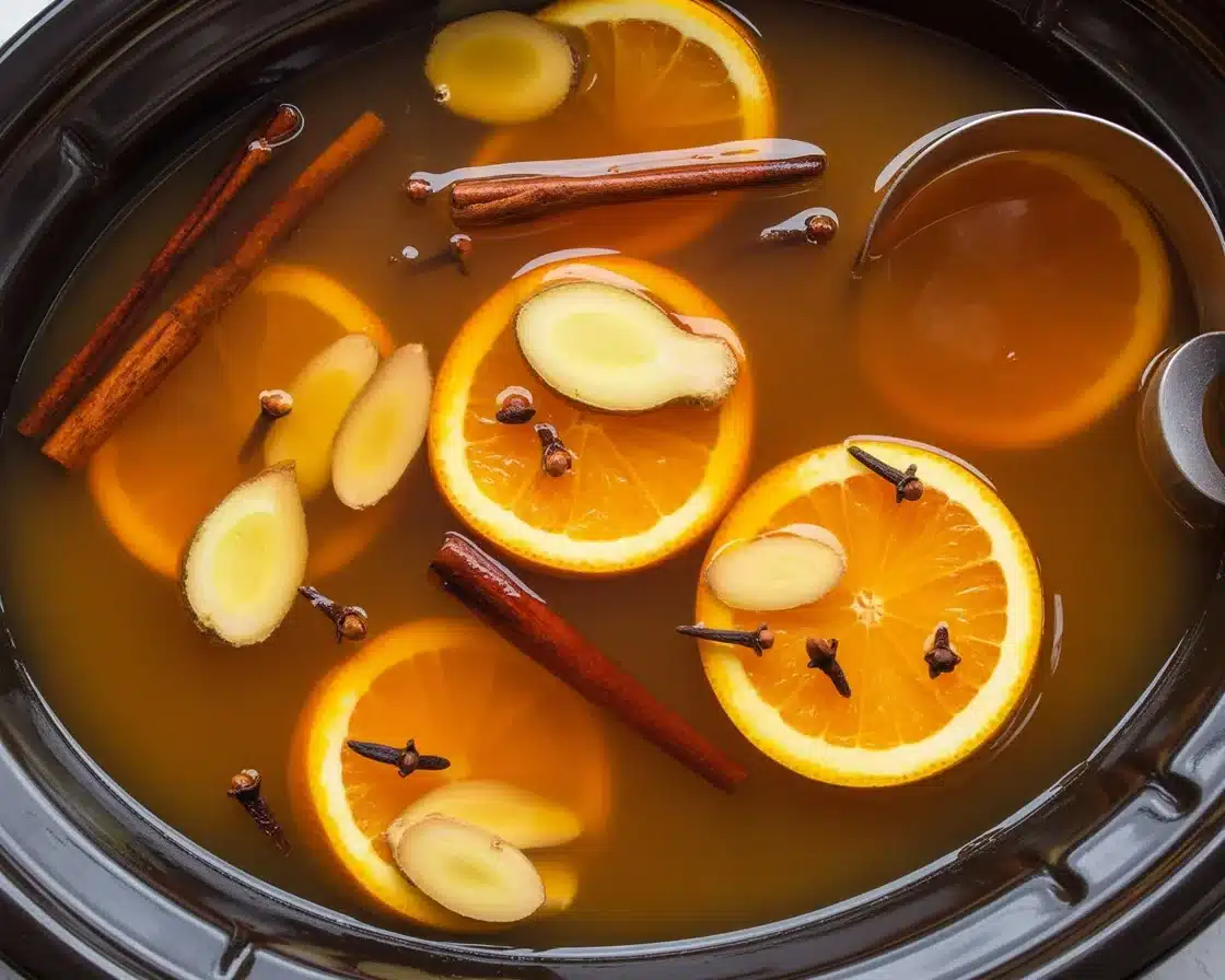 Delicious slow cooker mulled cider with spices and orange slices