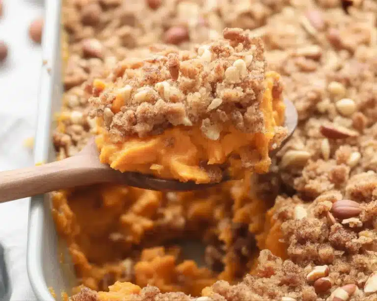 Delicious sweet potato casserole topped with marshmallows and pecans, perfect holiday side dish.