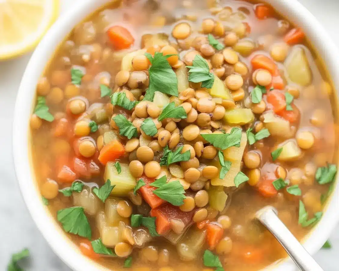 Bowl of delicious vegan lentil soup with fresh herbs and spices.