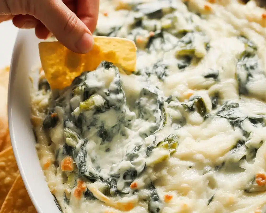 Delicious warm spinach artichoke dip served with crackers and fresh vegetables