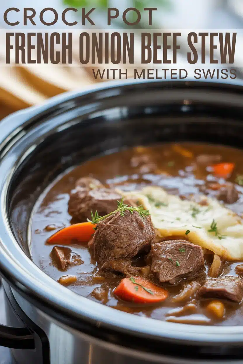 Crock Pot French Onion Beef Stew with Melted Swiss