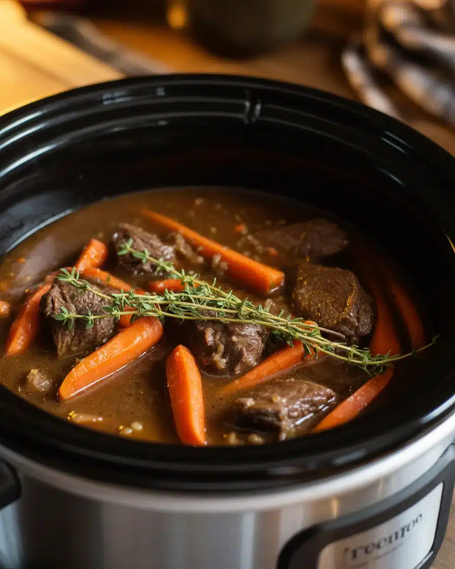 Crock Pot French Onion Beef Stew with Melted Swiss
