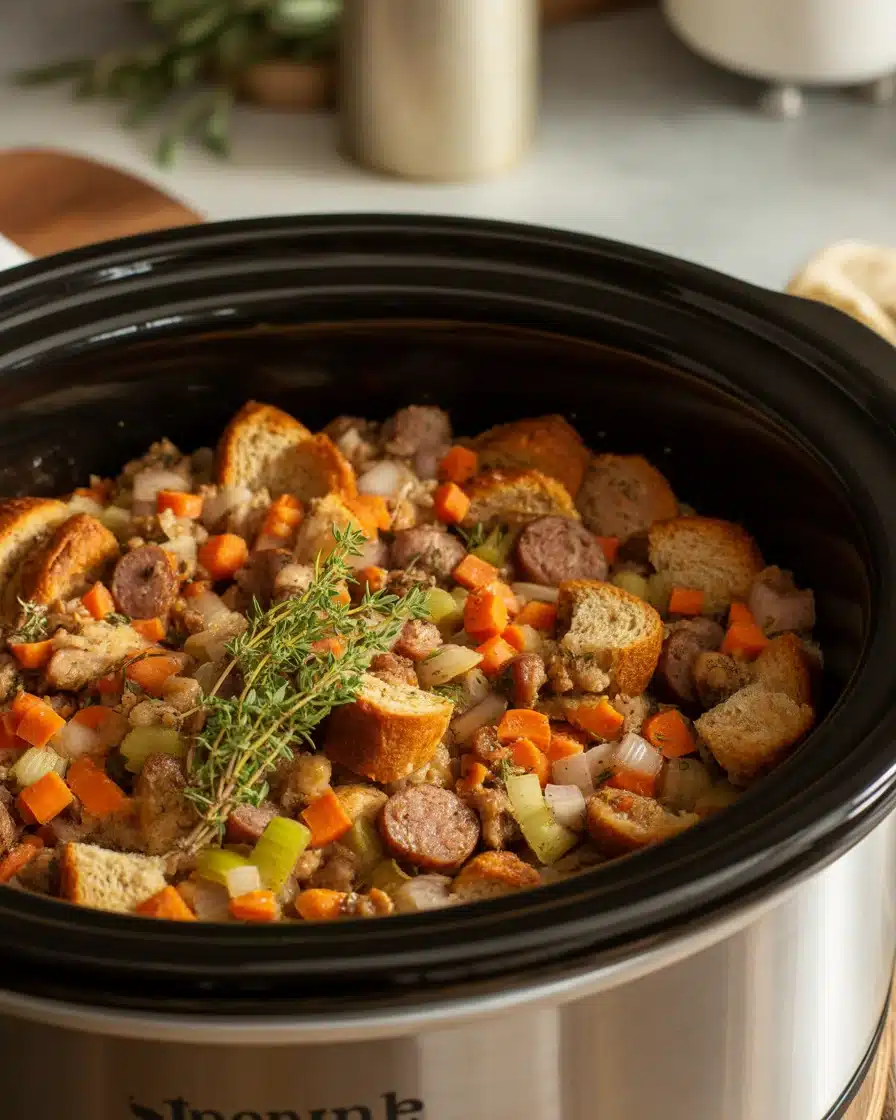 Dump & Go Crock Pot Stuffing with Sausage (No Oven Required)