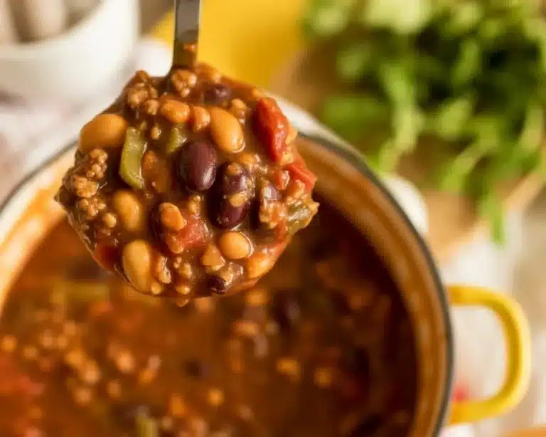 Delicious bowl of homemade 3 bean chili with beans and spices.
