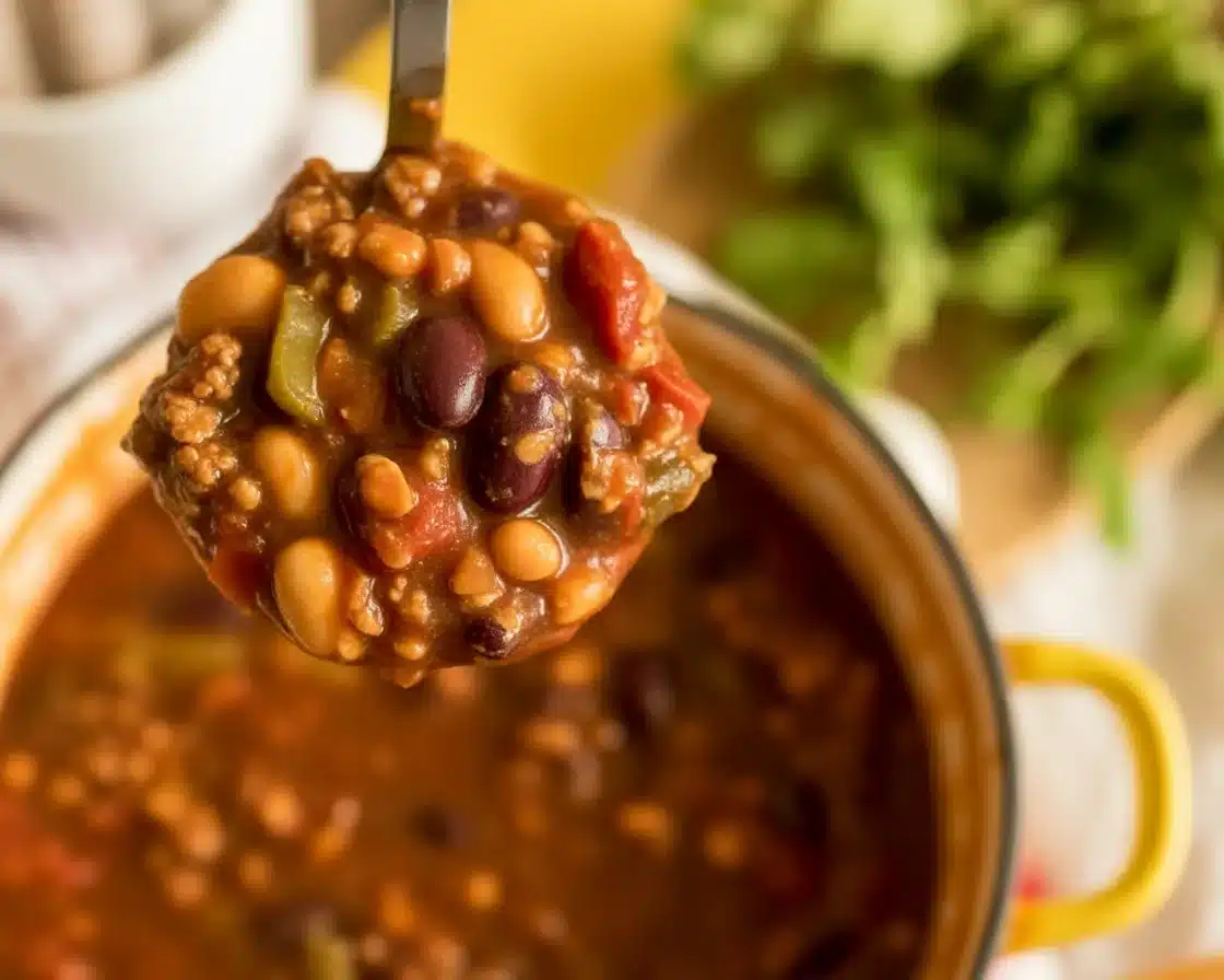 Delicious bowl of homemade 3 bean chili with beans and spices.