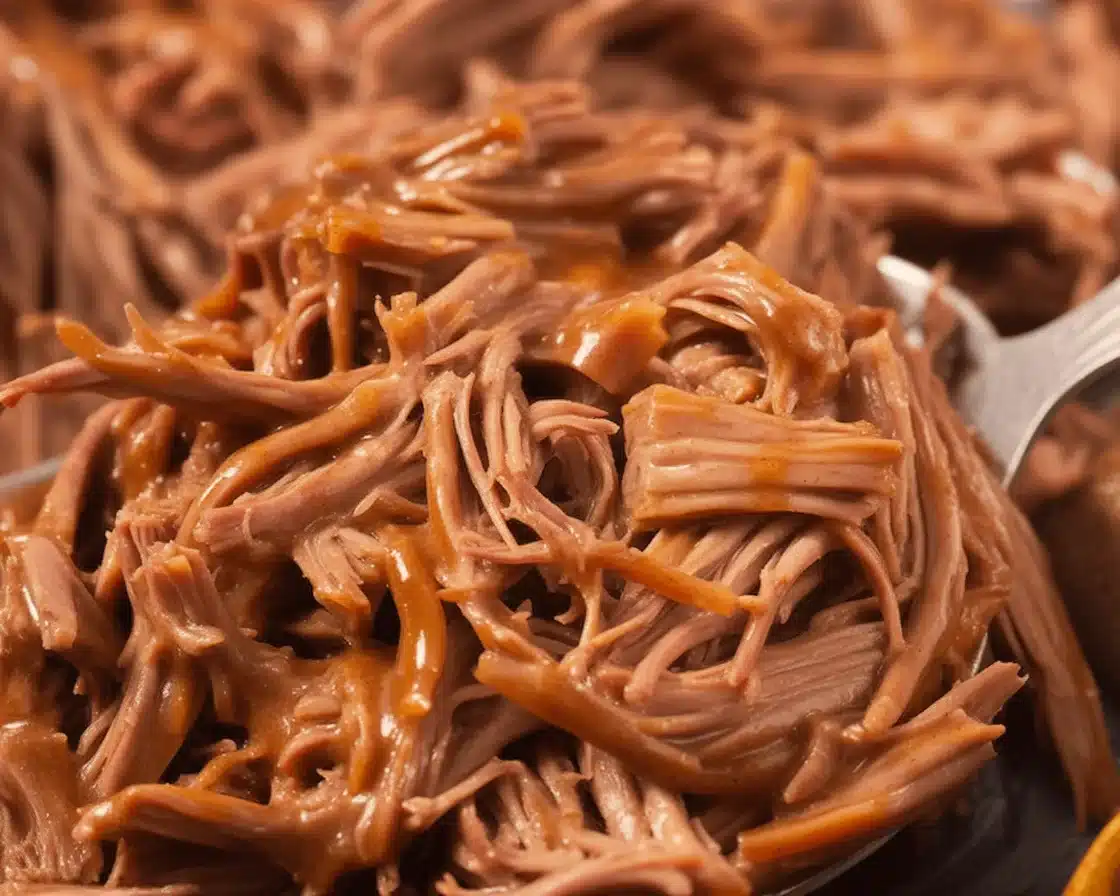 Delicious BBQ pulled beef served on a sandwich with homemade barbecue sauce.