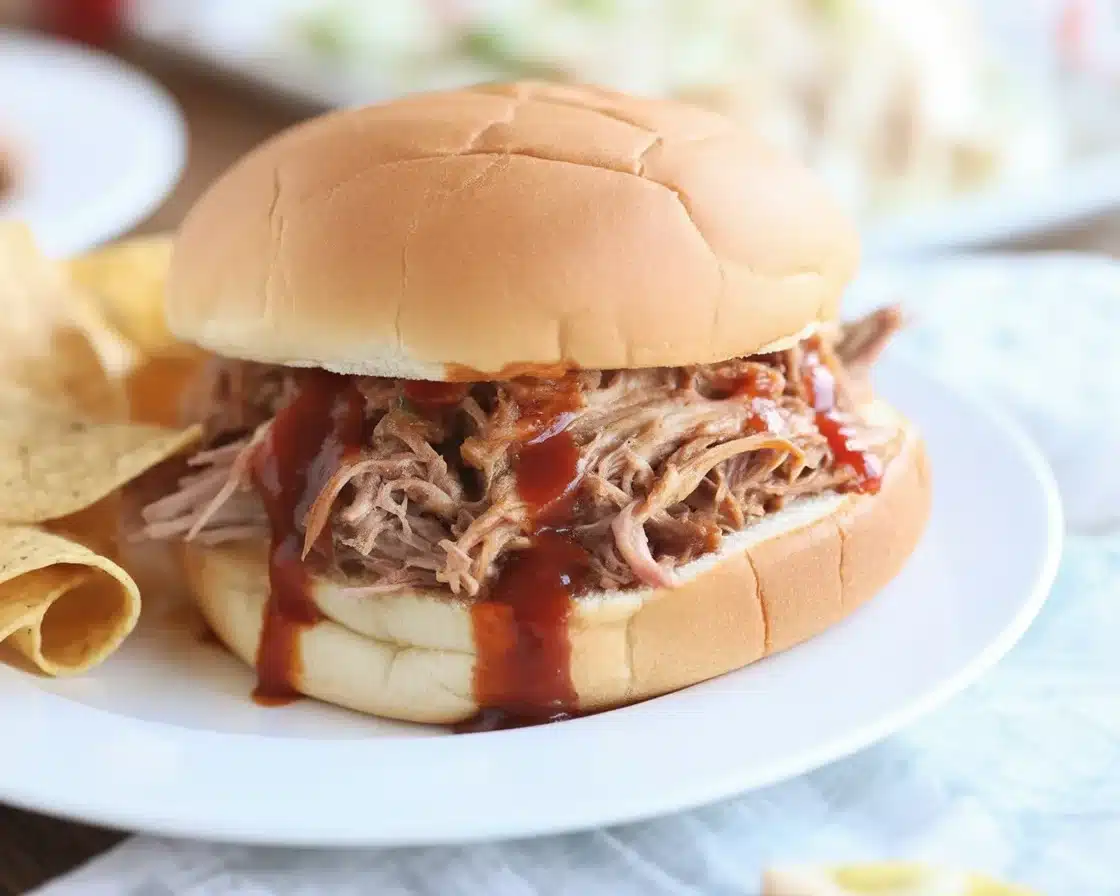 Slow cooker pulled pork sandwich topped with BBQ sauce and coleslaw on toasted bun