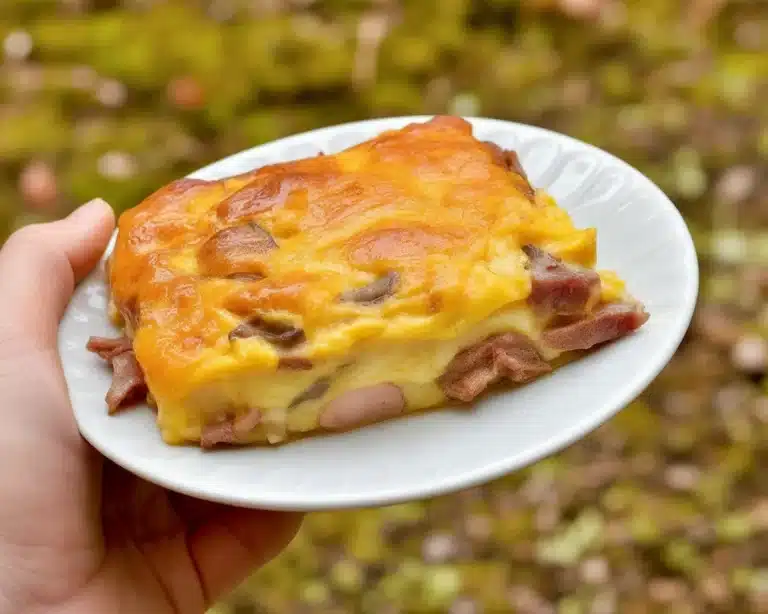 Delicious carnivore breakfast casserole with eggs, sausage, and bacon served in a baking dish.