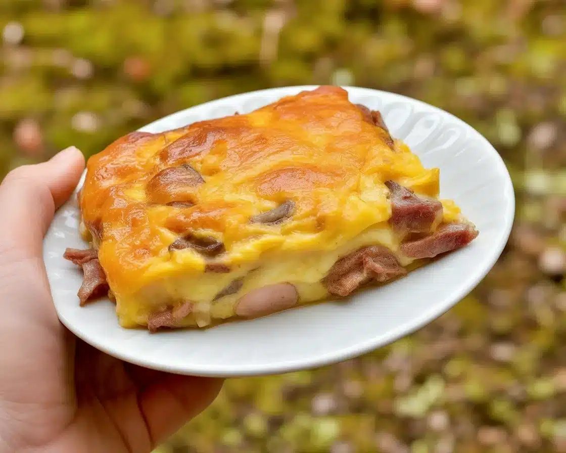 Delicious carnivore breakfast casserole with eggs, sausage, and bacon served in a baking dish.