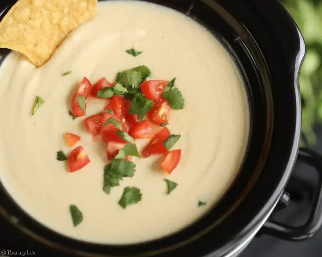 Creamy queso dip prepared in a crock pot, perfect for parties and gatherings.