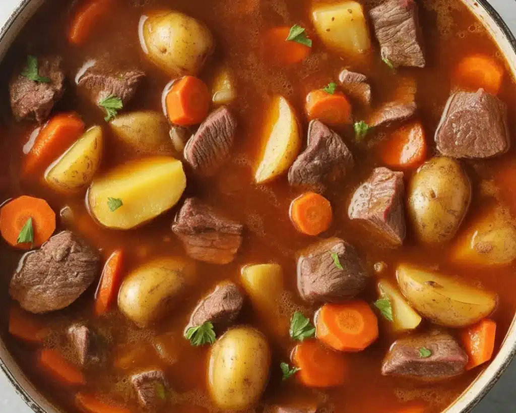 11 Best Slow Cooker Beef Stew Recipes for Cozy Comfort 4 Delicious homemade beef stew with tender beef, potatoes, and carrots in a rich broth.