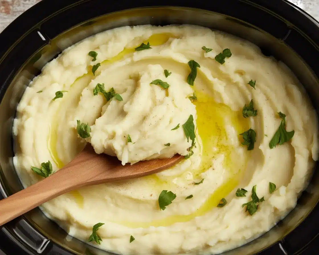 Delicious slow cooker mashed potatoes in a bowl, creamy and rich.