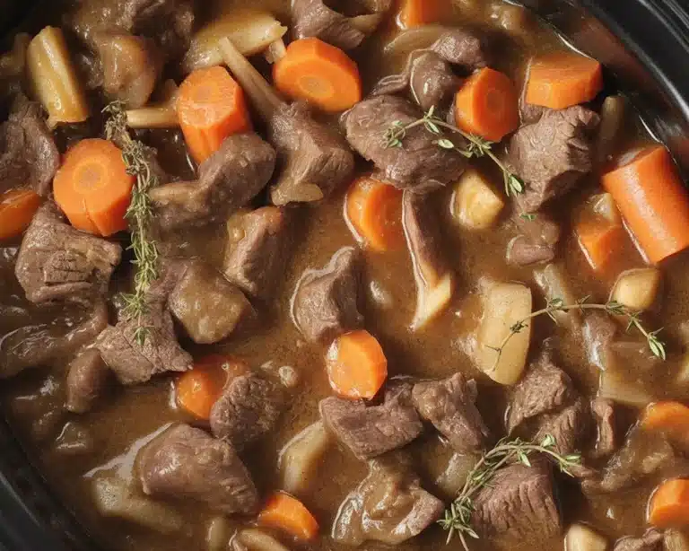 Crock Pot French onion stew with beef and caramelized onions in a bowl.