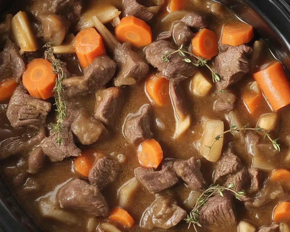 Crock Pot French onion stew with beef and caramelized onions in a bowl.