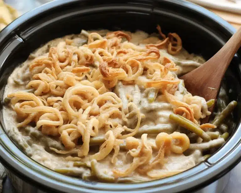 Crockpot green bean casserole recipe topped with crispy fried onions in a slow cooker.
