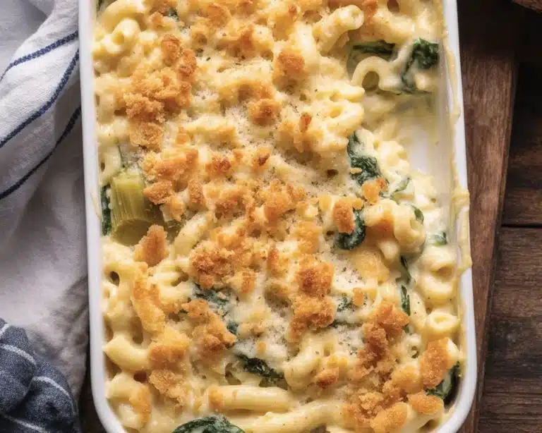 Delicious serving of Spinach Artichoke Mac and Cheese in a creamy sauce.
